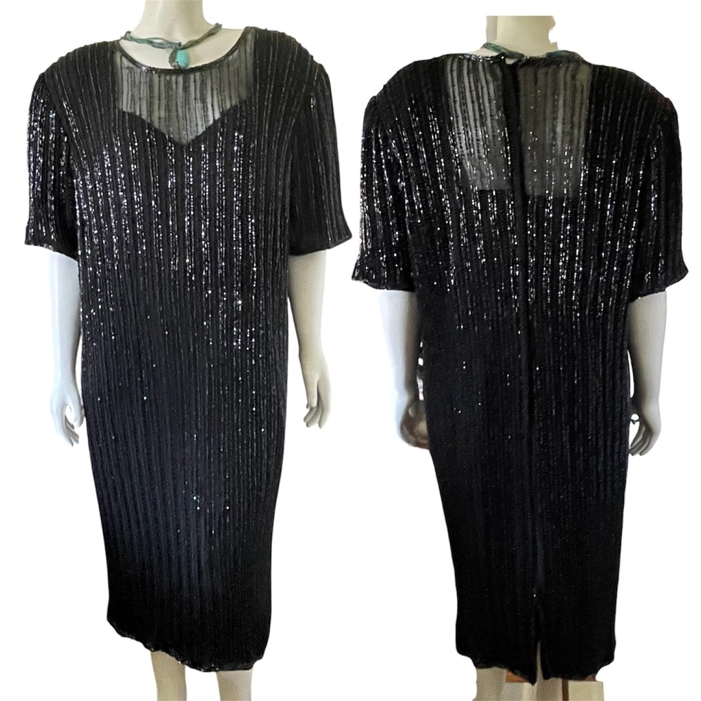 VTG‎ Lane Bryant Black Silk Beaded Sequin Cocktail Dress Plus 22/24 Midi Shift